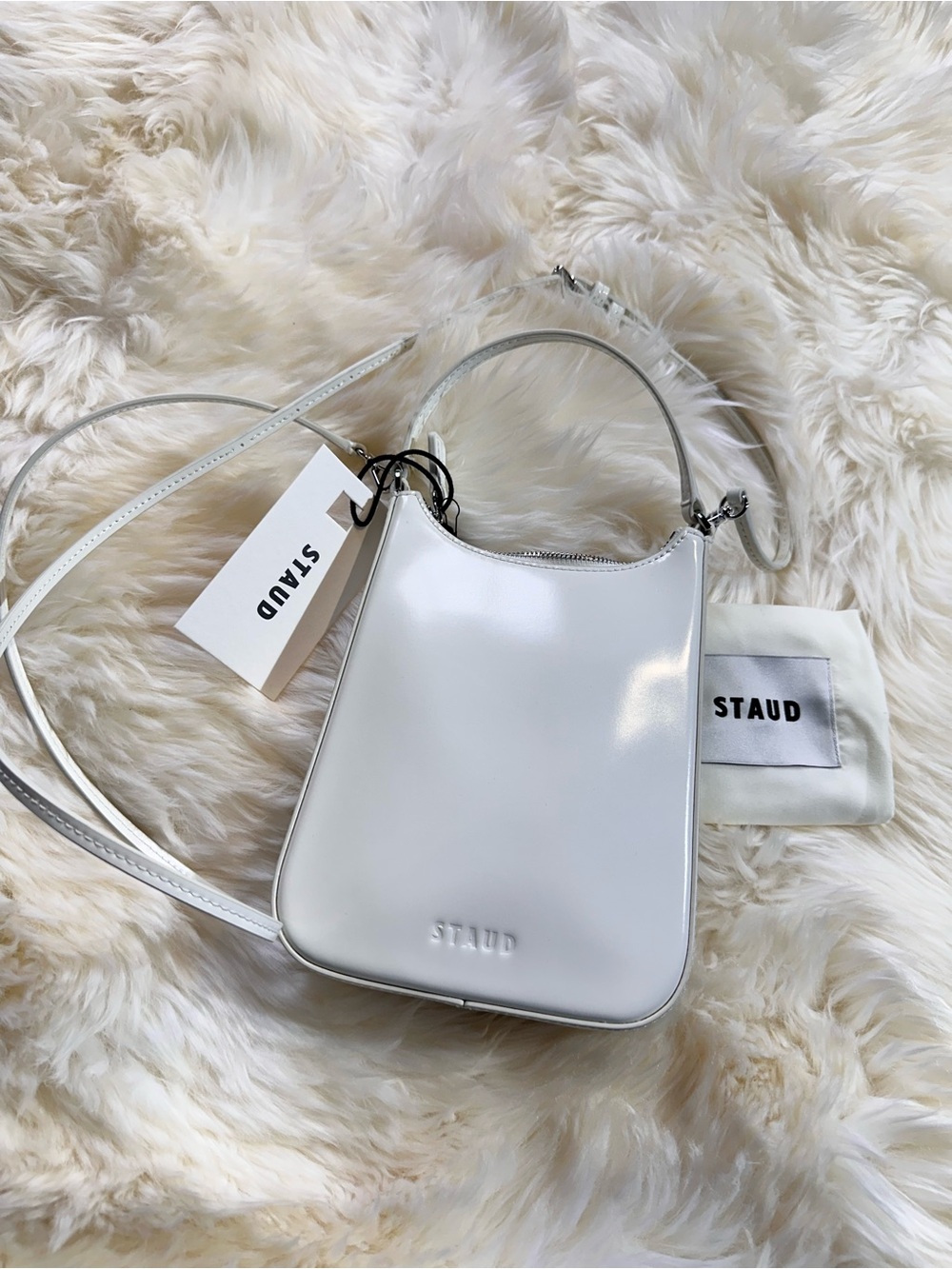 STAUD Mini Alec Bag – White Patent Shoulder & Crossbody Bag – NWT